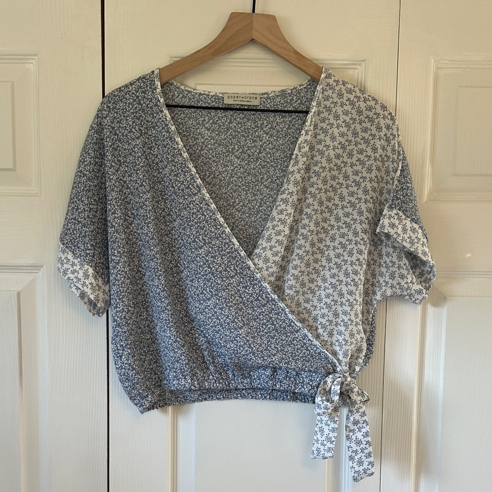 Paper Crane Blue and White Floral Wrap Top